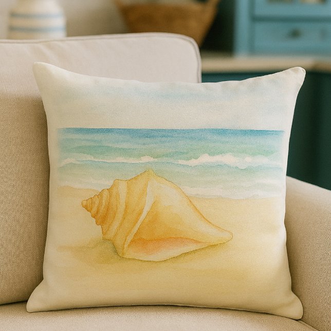 Coussin Aquarelle Shell Beach Life Conch (Beach house decor - Conch shell throw pillow )