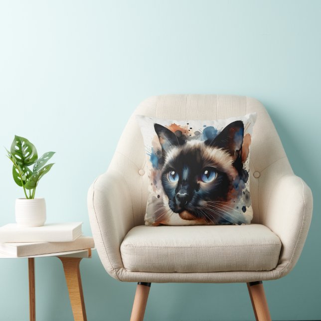 Coussin Aquarelle Siamese Chat Portrait coloré (Chaise)