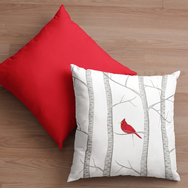 Coussin Aquarelle simple Bois Cardinal Rouge Boisier (Simple red  cardinal with birch tree throw pillow)