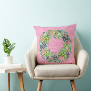 Coussin Aquarelle succulente couronne florale sur rose
