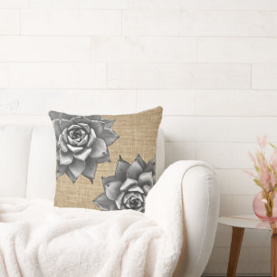 Coussin Aquarelle Succulente Gris sur Burlap Tan