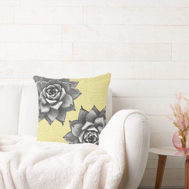 Coussin Aquarelle Succulente Gris sur Jaune (Canapé)