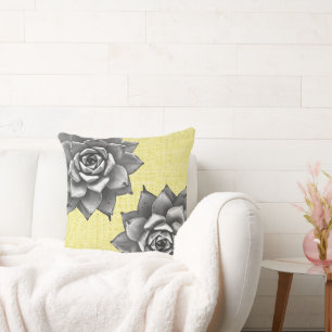 Coussin Aquarelle Succulente Gris sur Jaune