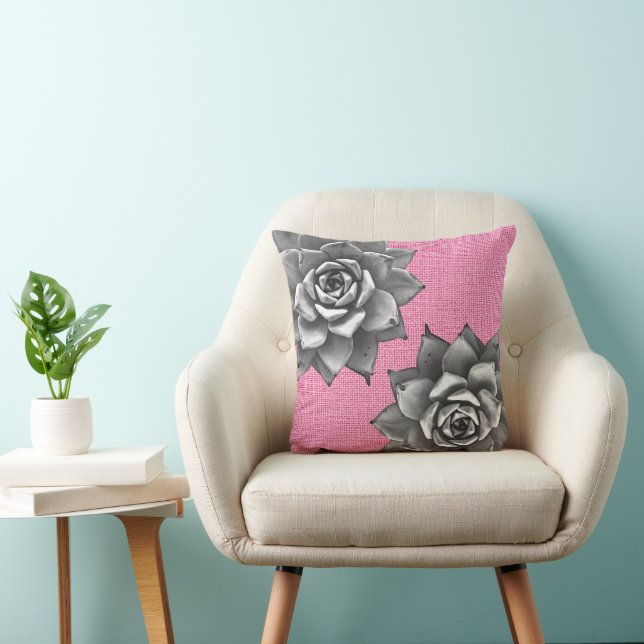 Coussin Aquarelle Succulente Gris sur rose (Chaise)