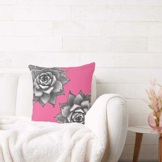 Coussin Aquarelle Succulente Gris sur rose chaud (Canapé)