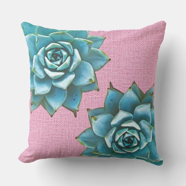 Coussin Aquarelle Succulente sur rose pâle (Recto)