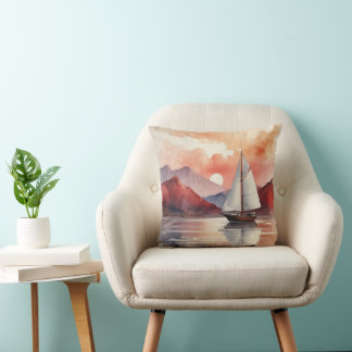 Coussin Aquarelle Sunrise Avec Yacht