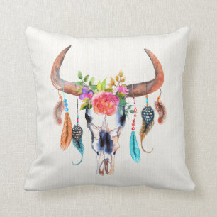 Coussin Aquarelle Taureau Et Symboles indiens