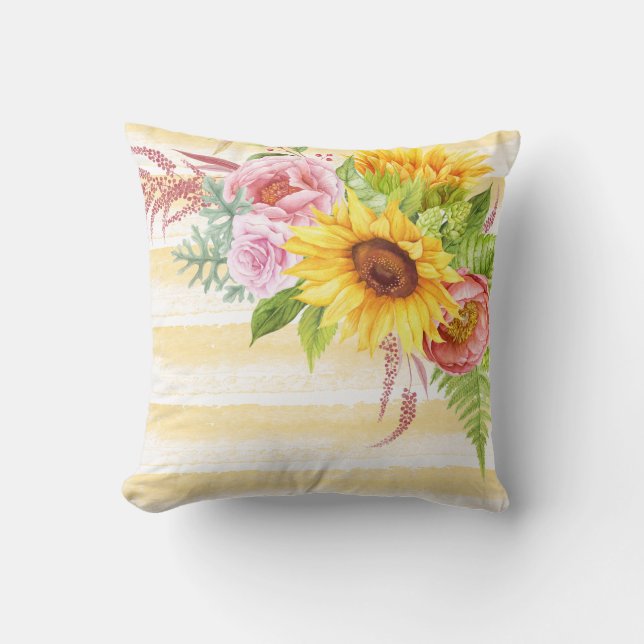 Coussin Aquarelle tournesol pivoines Roses rayures (Recto)