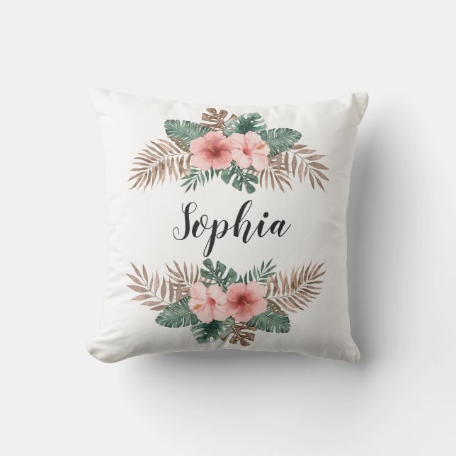 Coussin Aquarelle Tropical Floral Wreath Texte personnalis (Recto)