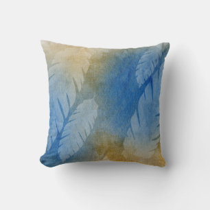 Coussin Aquarelle Tropical Misty Banana Feuille Blue Gold