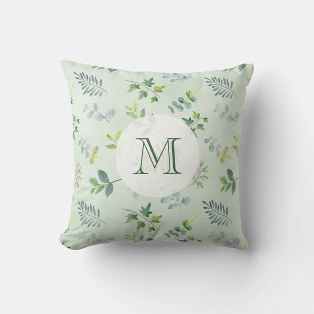 Coussin Aquarelle Verdure Feuilles & Monogramme de feuilla (Recto)