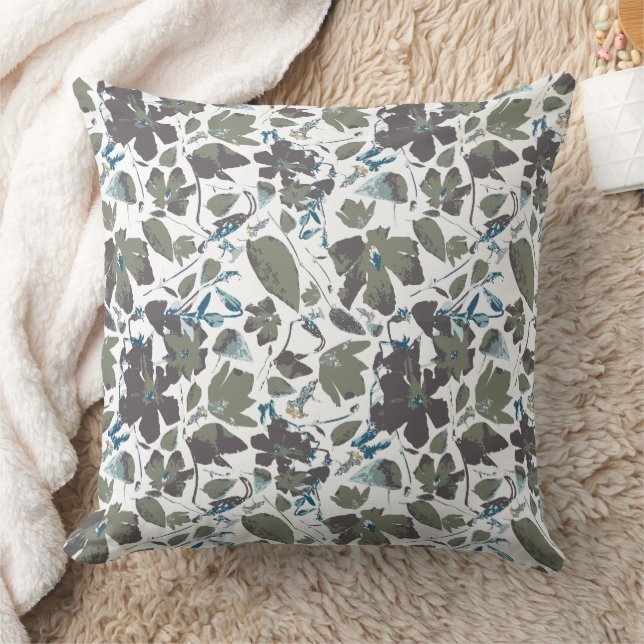 Coussin Aquarelle Vert Bleu Clematis Vin Fleurs Patter (Couverture)