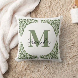 Coussin Aquarelle Vert Feuille bundle Lettre M Monogramme