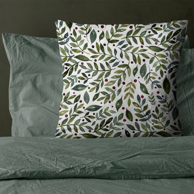 Coussin Aquarelle verte branches saisonnières et baies (Créateur téléchargé)