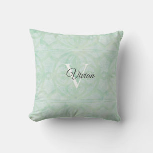 Coussin Aquarelle verte de la menthe douce Nom du monogram