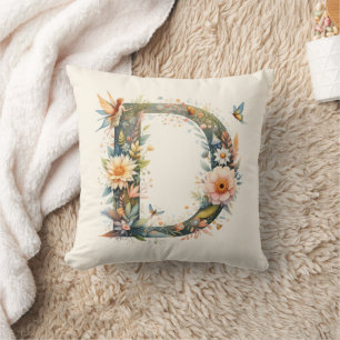 Coussin Aquarelle verte Fées Monogramme Lettre D