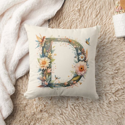 Coussin Aquarelle verte Fées Monogramme Lettre D (Couverture)