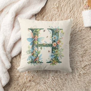 Coussin Aquarelle verte Fées Monogramme Lettre H