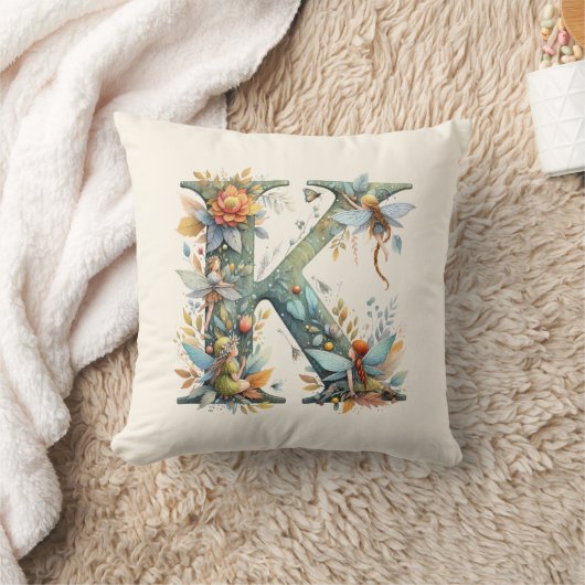 Coussin Aquarelle verte Fées Monogramme Lettre K (Couverture)
