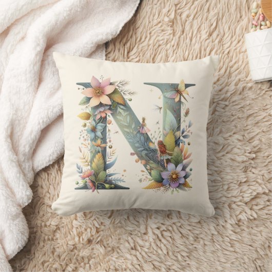 Coussin Aquarelle verte Fées Monogramme Lettre N (Couverture)