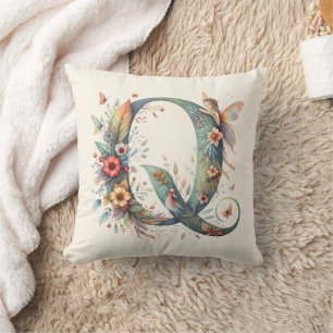 Coussin Aquarelle verte Fées Monogramme Lettre Q