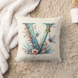 Coussin Aquarelle verte Fées Monogramme Lettre V