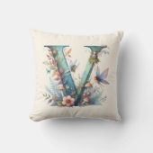 Coussin Aquarelle verte Fées Monogramme Lettre V (Recto)