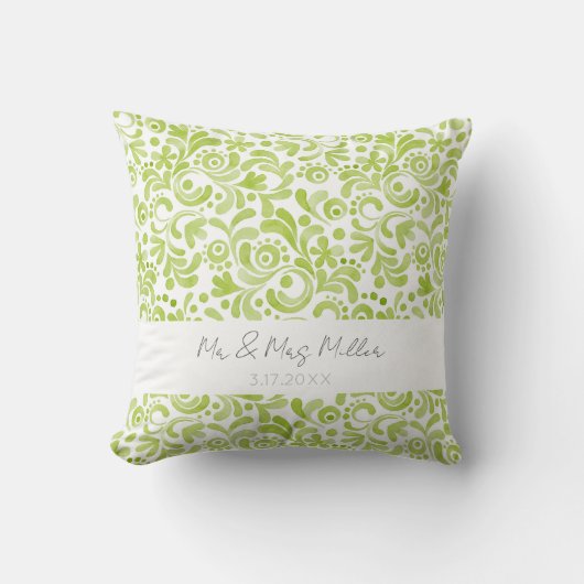 Coussin Aquarelle verte M&Mme NOM Mariage DATE Élégante (Recto)