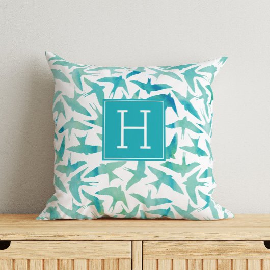 Coussin Aquarelle verte Oiseaux Monogrammes