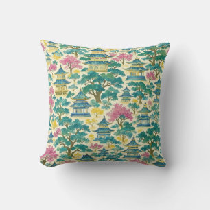 Coussin Aquarelle vibrante chinoiserie motif pagode dorée