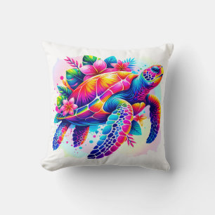 Coussin Aquarelle Vibrante Tortue marine, Fleurs tropicale