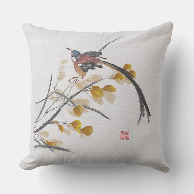 Coussin Aquarelle vintage Feuilles d'automne et oiseaux (Recto)