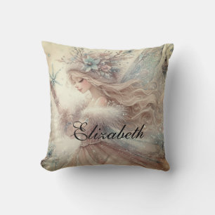 Coussin Aquarelle vintage Hiver Fée de neige Imaginaire Ar