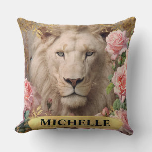 Coussin Aquarelle Vintage Lion Blanc et Roses Roses