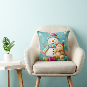 Coussin Aquarelle vintage Ours Snowman Noël Joie