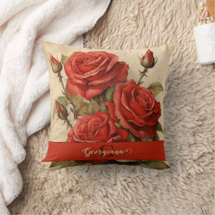 Coussin Aquarelle Vintage personnalisée Roses Florales Rou