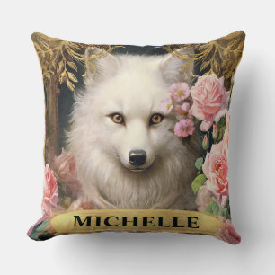Coussin Aquarelle Vintage Renard blanc et Roses roses rose