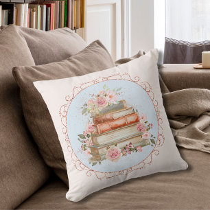 Coussin Aquarelle Vintage rose Roses et Livre Floral