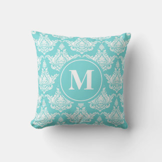 Coussin Aquarelle vintage Turquoise Damask Monogramme