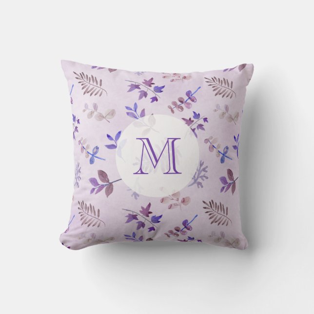 Coussin Aquarelle violet Feuilles et monogramme de feuilla (Recto)