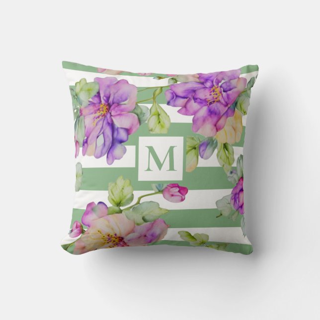 Coussin Aquarelle violet floral sauge vert blanc bandes (Recto)