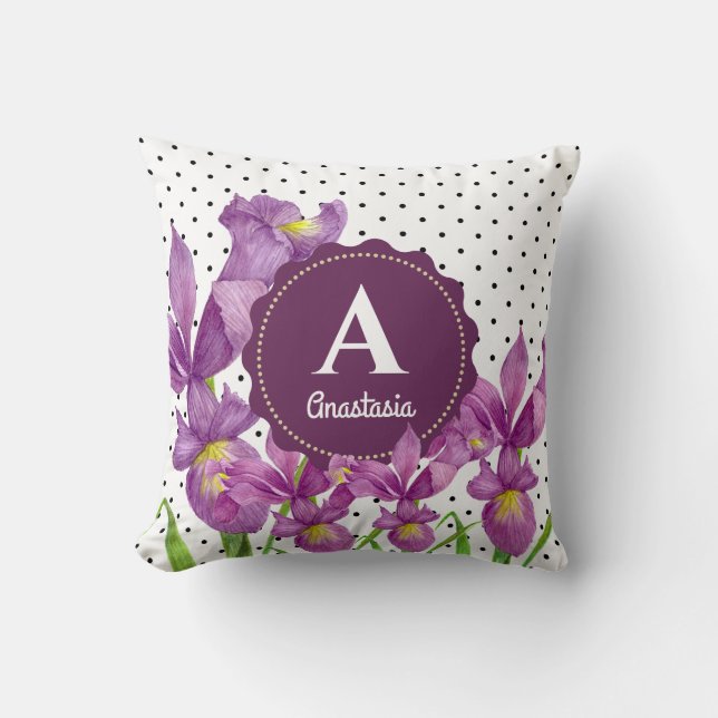 Coussin Aquarelle violet Iris noir blanc Pois (Recto)