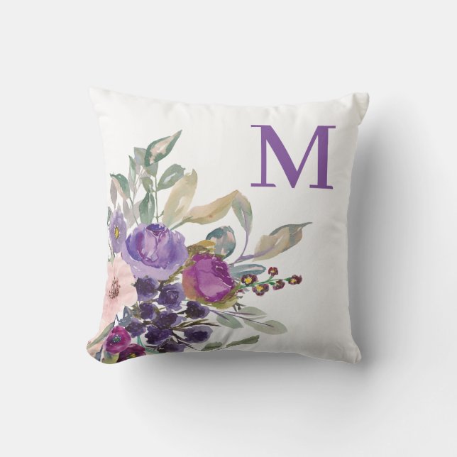 Coussin Aquarelle violet rose pâle violet clair Monogramme (Recto)