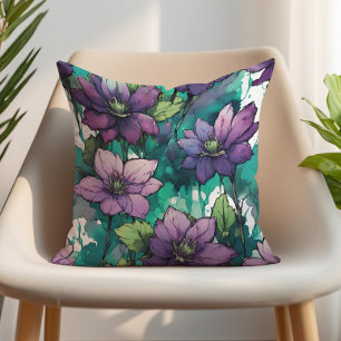 Coussin Aquarelle violette Floral Emerald Feuilles
