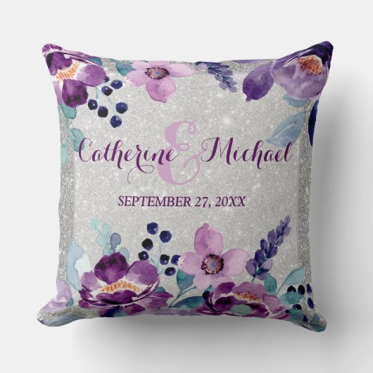 Coussin Aquarelle violette Floral et Mariage Parties scint (Recto)