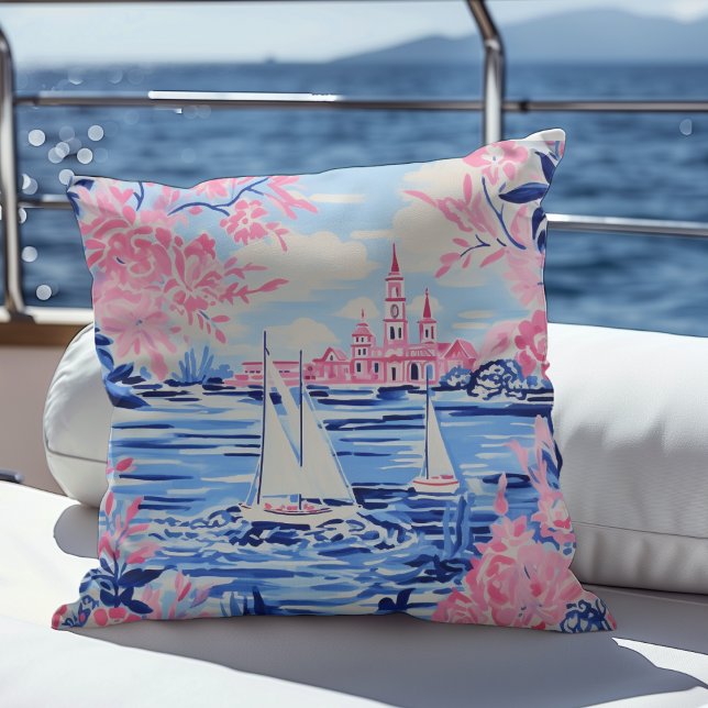 Coussin Aquarelle Voiliers Blancs Eaux Bleues Floral Rose (Créateur téléchargé)