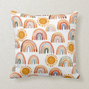 Coussin Aquarelle Whimsical Boho Rainbow et Sun Kids