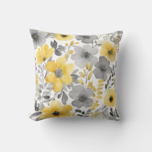 Coussin Aquarelles Florales Jaunes Et Gris