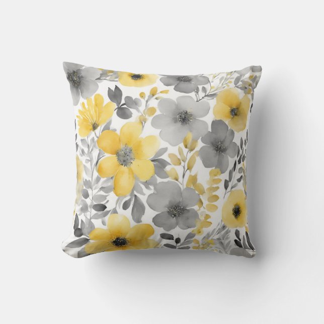 Coussin Aquarelles Florales Jaunes Et Gris (Recto)